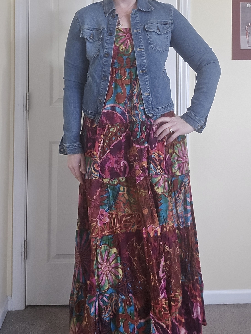 Vibrant Multicolor Boho Maxi Dress Metallic Details Shirring Smocked Festival